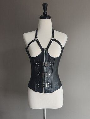 Black Unisex Genuine Leather Buckle Zipper Front Corset Halter